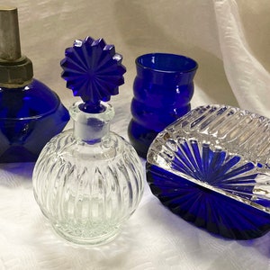 Vintage Cobalt Blue Vanity Set 6-pc. Pressed Glass c. 1970 Perfume Bottle/Sunburst Dish w/ Lid/Ribbed Glass Bud Vase /Oil Lamp Bed Bath Set