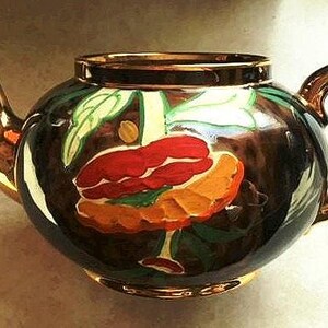 Artist Signed Brown Betty Teapot: Hand-Painted Poppy Design, Gilt Trim image 4