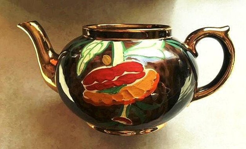 Artist Signed Brown Betty Teapot: Hand-Painted Poppy Design, Gilt Trim image 4