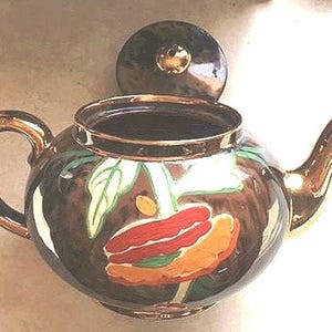 Artist Signed Brown Betty Teapot: Hand-Painted Poppy Design, Gilt Trim image 1