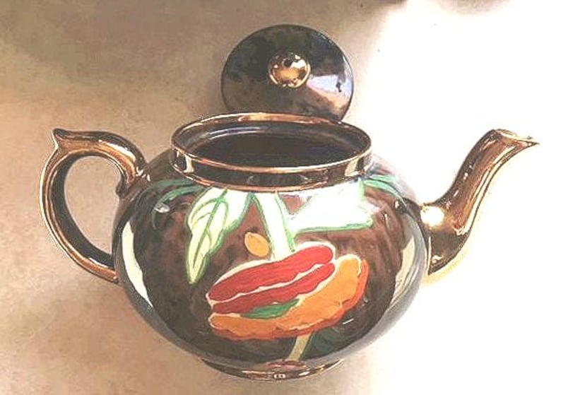 Artist Signed Brown Betty Teapot: Hand-Painted Poppy Design, Gilt Trim image 1