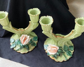 Vintage Majolica-Style Candlestick Pair c. 1950 Twin-Arm Sage Green Pink Rosebud  Hand-Painted Gold Trim Grayson Arts #202 Mother's Day Gift
