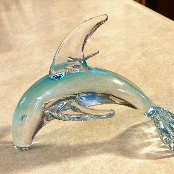 Swedish Art Glass Dolphin Signed/Number "FH Ronneby" Ice Blue Sculpture 6" Ht. 7.25" Long Nautical Wildlife Home Décor Ocean Sea Lover Gift