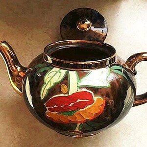 Artist Signed Brown Betty Teapot: Hand-Painted Poppy Design, Gilt Trim image 3