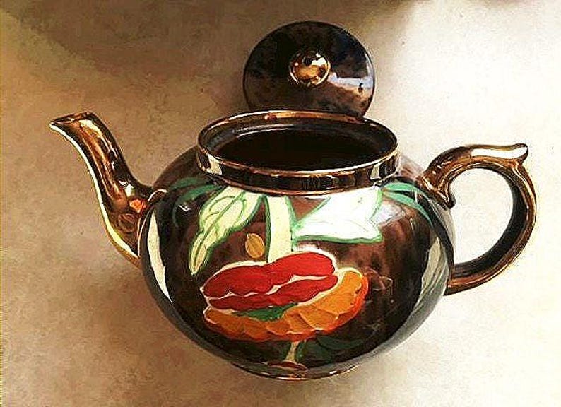 Artist Signed Brown Betty Teapot: Hand-Painted Poppy Design, Gilt Trim image 3