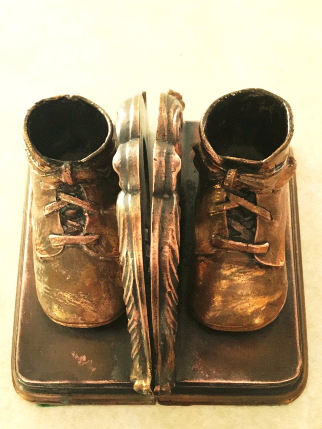 Vintage Bronze Baby Shoe Bookends Midcentury Nostalgia Home Decor Desk