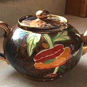Artist Signed Brown Betty Teapot: Hand-Painted Poppy Design, Gilt Trim image 6