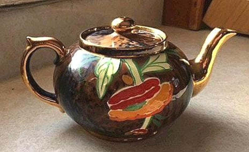 Artist Signed Brown Betty Teapot: Hand-Painted Poppy Design, Gilt Trim image 6
