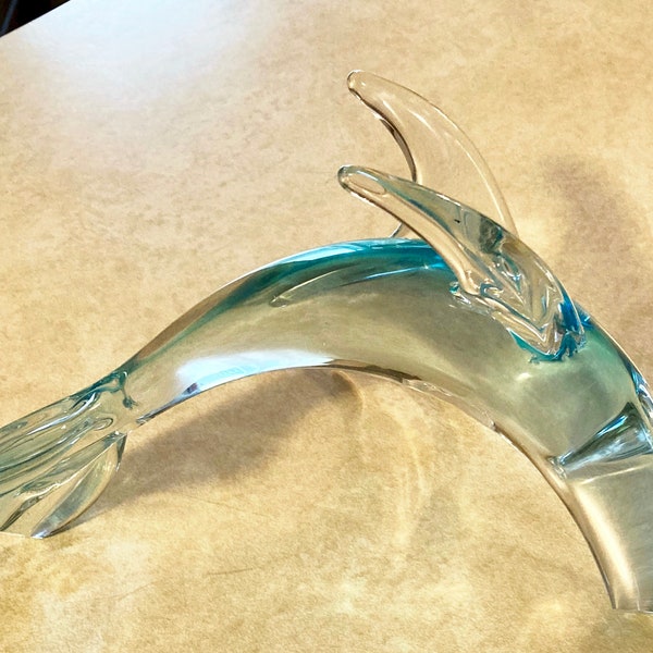 Swedish Art Glass Dolphin Signed/Number "FH Ronneby" Ice Blue Sculpture 6" Ht. 7.25" Long Nautical Wildlife Home Décor Ocean Sea Lover Gift