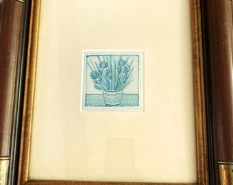 Vintage Etching Print "Blue Iris" c. 1970 Barbara Garrison 14" X 11.5" Fine Art Professionally Mounted Beveled Wood Frame Brass Hardware