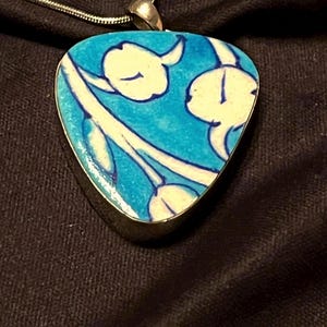 Handmade Tile & Silver Necklace 925 Silver w/ 1.5&quot; Turquoise Blue Tile Pendant Bezel Mounted Snake Chain Lobster Claw Clasp Unique Necklace