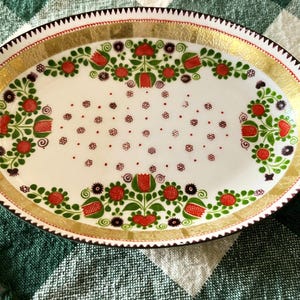 Vintage Steinbock Enamel Trinket Dish Handmade Austria Painted Enamel over Copper 5.5&quot; Oval Green Red Nordic Floral w/ Gold Band Ex Cond.