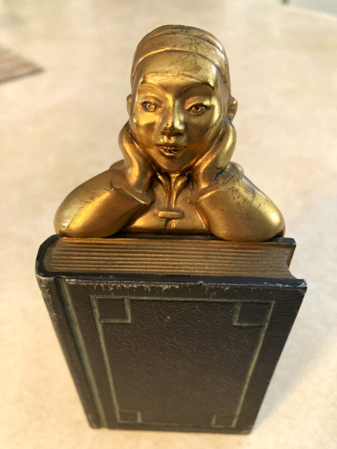 Mid-century Asian Bookend: Gold-painted Metal Scholar Figurine on Wood ...