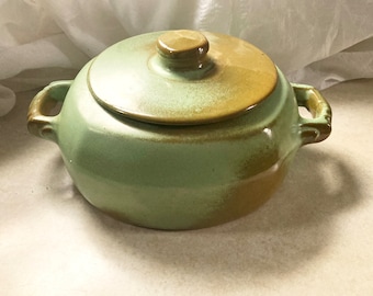 Vintage Casserole w/ Lid 1970's Frankoma 2 Qt. Prairie Green/Brown Handmade Stoneware Art Pottery Made Oklahoma Red Clay USA Retro Artisan