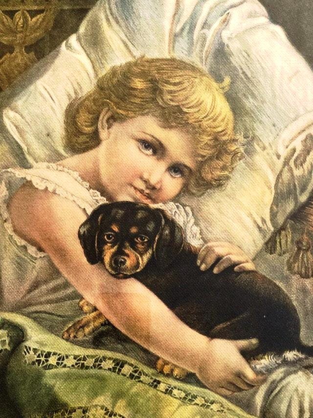 Young Girl With Her Dog/キース カーター/ポスター Young girl with her dog by English School: Fine art print