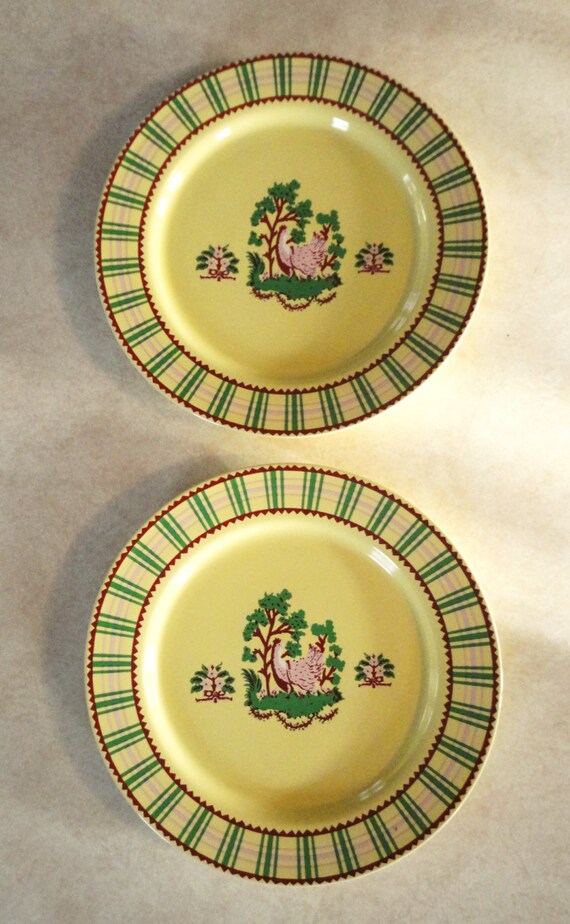 Yellow Kitchen Decor Pair Plates With Pink Chickens And Green And Brick Red Accents Decorative Luncheon Picnic Plates Country Farmhouse Gift