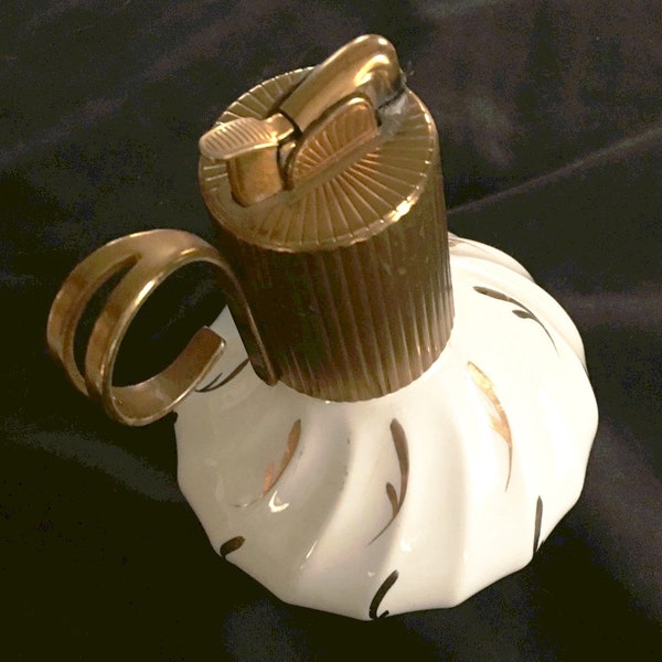 Vintage Evans Lighter Deco Swirl Gold on White Ceramic Brass Fittings Retro MidCentury Woman Smoker's Gift Collectible Tobacciana VERY CLEAN