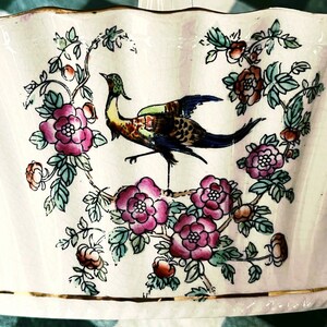 May include: Cream-colored ceramic bowl with a scalloped edge and gold trim. The bowl features a colorful illustration of a bird with a long tail, surrounded by pink roses, green leaves, and small orange flowers. The design is a classic, vintage style.