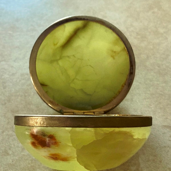 Vintage Green Alabaster Vanity Jar Lidded w/ Brass Fitting 3.25"-Round Translucent Olive Green Stone Jar Elegant Bed Bath Dresser Accessory
