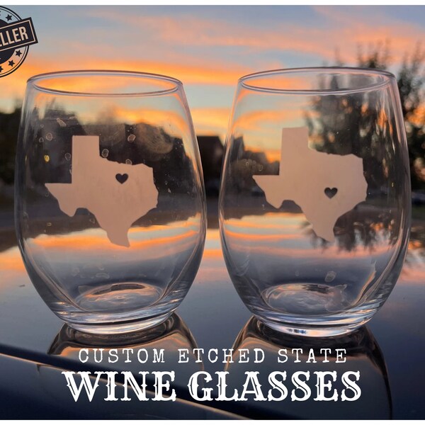 Etched Wine Glasses/Etched Wine Glass/State Wine Glass/Stemless Wine Glass/State Wine Glasses/Custom Wine Glass/Texas Wine Glass/Home Wine