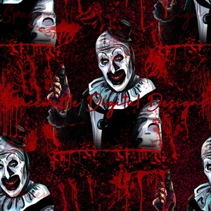May include: A creepy clown with a white and black jester costume and a bloody face holds a knife in a dark red and black background with blood splatters.