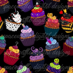 May include: A seamless pattern featuring colourful cupcakes with various toppings, including a poison bottle, a crown, a snake, an apple, and a pirate hat. The cupcakes are on a black background.