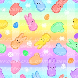 Könnte beinhalten: Ein nahtloses Muster mit pastellfarbenen Peeps-Marshmallow-Süßigkeiten in verschiedenen Formen, darunter Hasen, Küken und Eier. Der Hintergrund ist ein Regenbogen-Verlauf mit weißen Blüten.