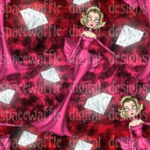 May include: A seamless pattern featuring a woman in a pink gown with a diamond pattern on a red background.