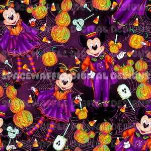 May include: A seamless pattern featuring Mickey and Minnie Mouse dressed in Halloween costumes. The background is a dark purple with spiderwebs and candy corn. Mickey is wearing a purple suit with a top hat and Minnie is wearing a purple dress with a witch's hat. There are also jack-o'-lanterns and other Halloween decorations throughout the pattern.
