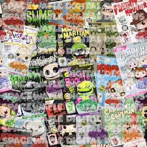 Funko Pop cereal seamless pattern, scrapbooking, fabric design.