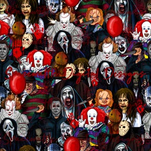 Può includere: Un collage digitale colorato con vari personaggi di film horror, tra cui un clown, una figura mascherata e una suora. Lo sfondo è rosso scuro con schizzi di sangue.