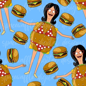 May include: A seamless pattern featuring a cartoon character dressed as a hamburger. The character has long black hair and is wearing a red and white polka dot bikini. The background is a light blue color and is filled with various hamburgers.