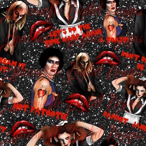 May include: A black and white glittery background with images of characters from the film The Rocky Horror Picture Show. The characters are dressed in costumes and have red lips. The text "Let's do the time warp again" is written in white on a black background.