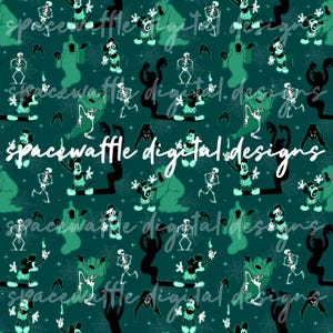 May include: A teal Halloween-themed pattern featuring Mickey Mouse, ghosts, skeletons, and bats. The design includes the text "spacewaffle digital designs" in a white, cursive font, repeated throughout the pattern. The overall theme is spooky and fun.