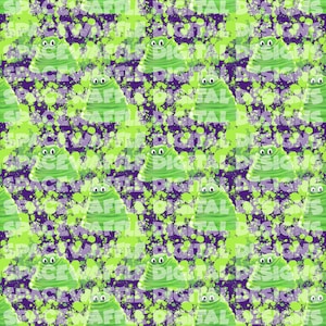 May include: A seamless pattern featuring green cartoon slime monsters with googly eyes on a purple background with green and white paint splatters. The text "Space Waffle Digital Designs" is repeated throughout the pattern.