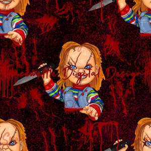 Könnte beinhalten: Ein nahtloses Muster mit einer gruseligen Puppe mit zusammengenähten Haut, die ein Messer hält. Der Hintergrund ist schwarz mit roten Blutspritzer.