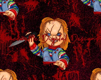 May include: A seamless pattern featuring a creepy doll with stitched-up skin holding a knife. The background is black with red blood splatters.