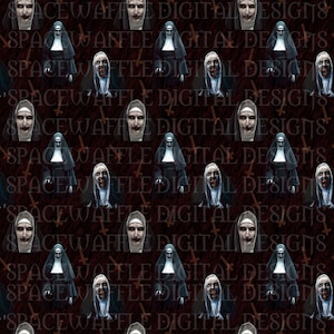 May include: A repeating pattern featuring a scary nun with a bloody mouth and a cross on her chest. The background is a dark brown with a wood grain texture and brown crosses.