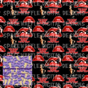 May include: A black and red seamless pattern featuring a repeated image of a woman in a black corset and fishnet stockings, sitting on a pair of red lips. The text "The Rocky Horror Picture Show" is repeated throughout the pattern.