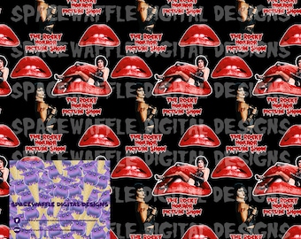 May include: A black and red seamless pattern featuring a repeated image of a woman in a black corset and fishnet stockings, sitting on a pair of red lips. The text "The Rocky Horror Picture Show" is repeated throughout the pattern.