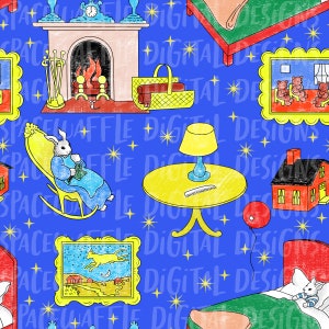 May include: A seamless pattern featuring a blue background with stars and various illustrations of a fireplace, a rocking chair with a rabbit, a bed, a table with a lamp, a picture frame with a cat flying in the night sky, a house, and a picture frame with three bears sitting on a rug.