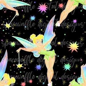 May include: A seamless pattern featuring Tinkerbell, the fairy from Disney's Peter Pan, with iridescent wings and a wand. The background is black with colorful stars.