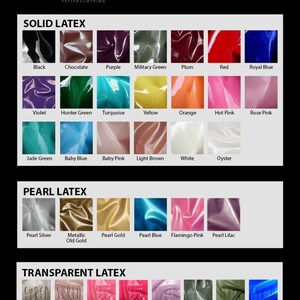 An image with color swatches of the available latex colors for Syren Latex garments.