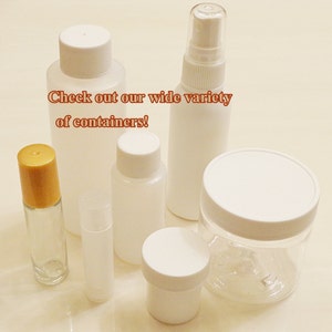 May include: A variety of empty containers for storing liquids and creams. The containers are made of clear plastic and glass. The containers are all different sizes and shapes. Check out our wide variety of containers!