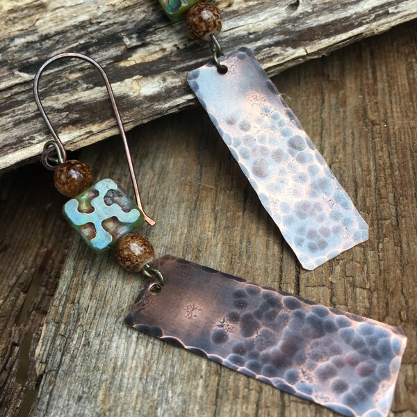 long embossed copper turquoise Picasso glass earrings, boho earrings, long copper dangles, rustic earrings, hammered copper, gift for her
