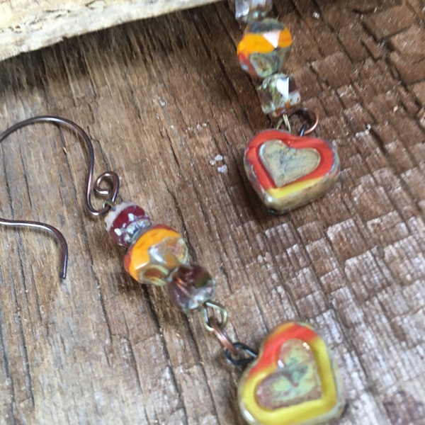 ON SALE, orange green red Picasso glass heart drop earrings, heart earrings, glass heart jewelry, boho earrings, statement, gift for her,