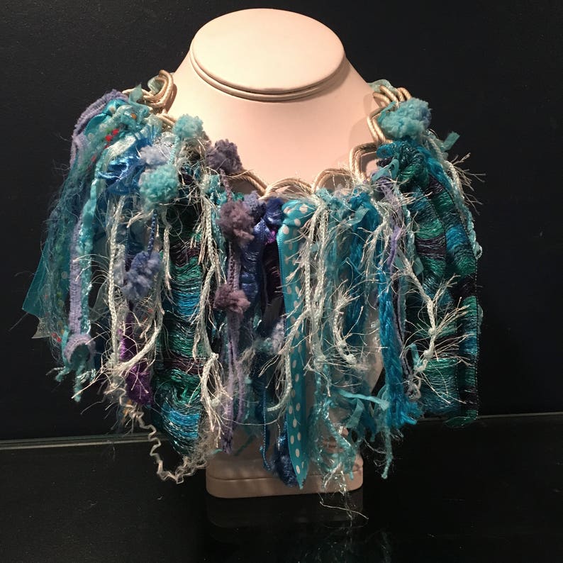 yarn choker gift for her fringe necklace necklace ribbon necklace Christmas gift funky turquoise /& aqua ribbon and yarn bib necklace