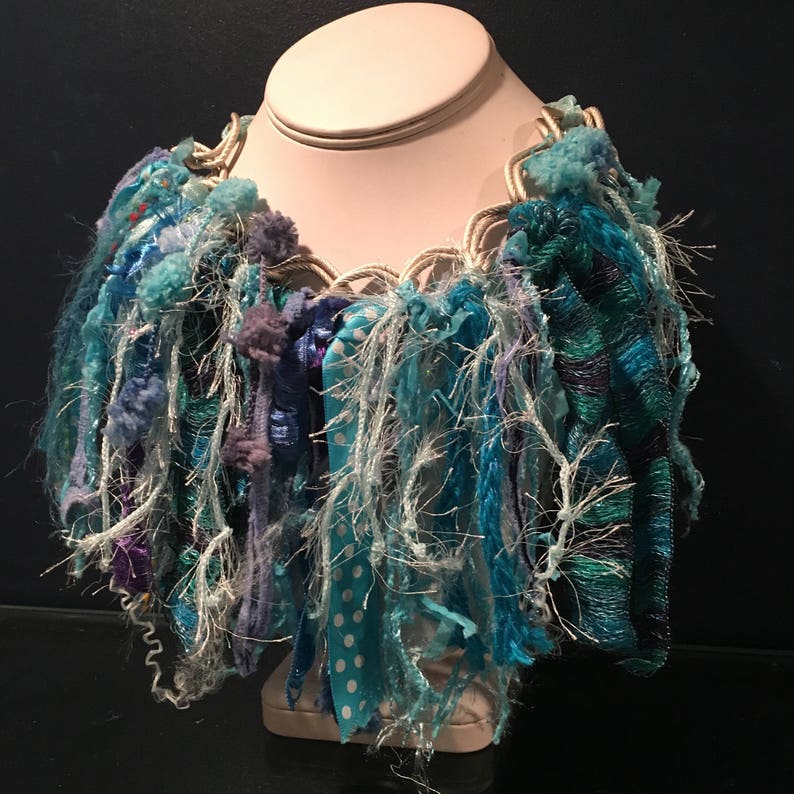 yarn choker gift for her fringe necklace necklace ribbon necklace Christmas gift funky turquoise /& aqua ribbon and yarn bib necklace