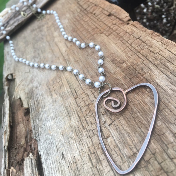 ON SALE, copper heart pendant, heart necklace, pearl chain, long heart pendant, gift for her, pearl necklace, pearl heart pendant, love gift