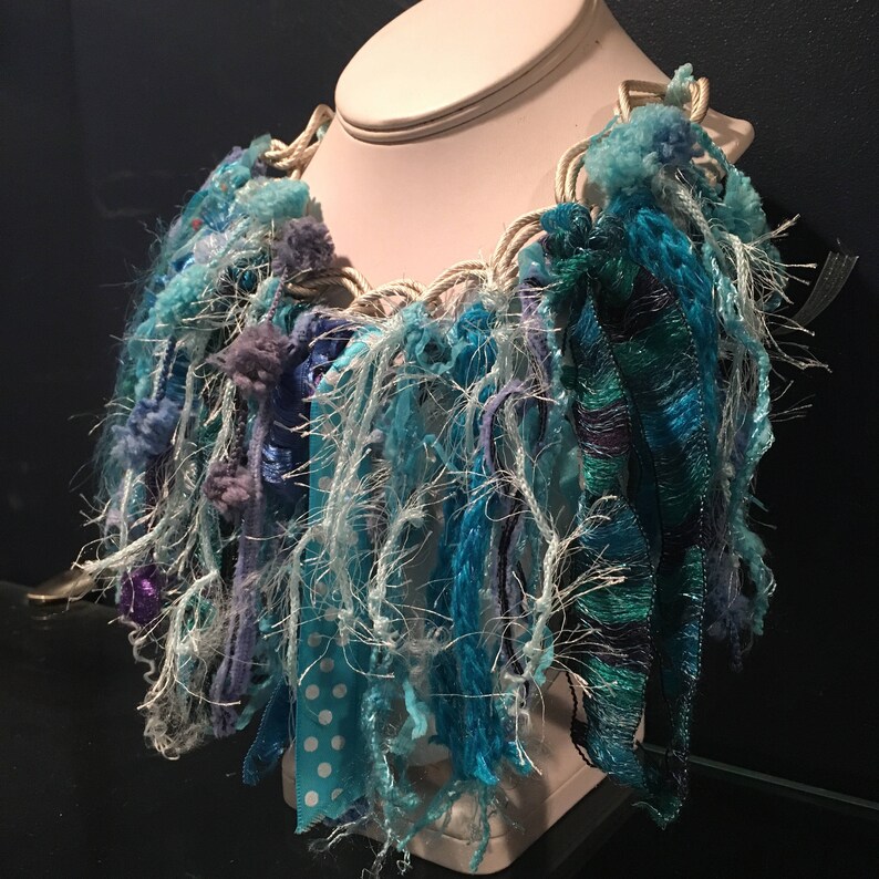 yarn choker gift for her fringe necklace necklace ribbon necklace Christmas gift funky turquoise /& aqua ribbon and yarn bib necklace